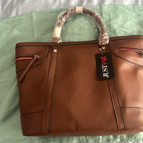 JustFab Large Tote. Cognac Color With Black And White Striped Interior - Picture 4 of 7